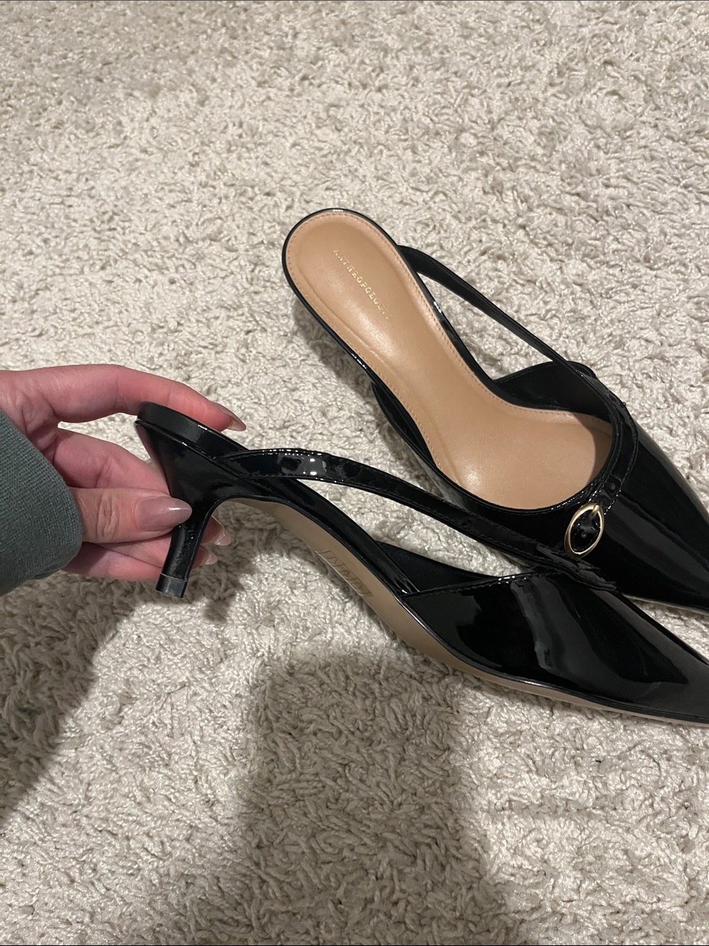 Anthropologie Black Patent Pointed-Toe Slingback Mules with Gold Buckle - Picture 11 of 11